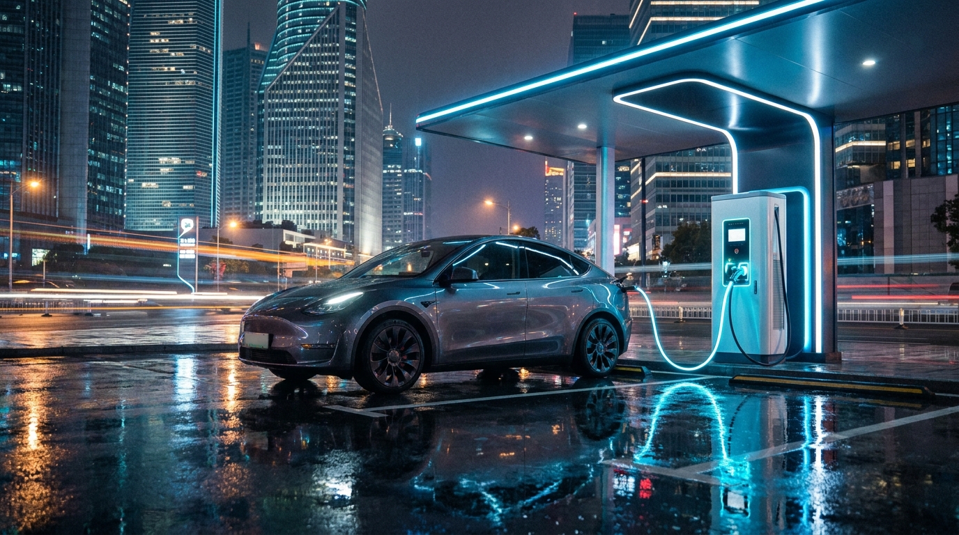 Tesla EV charging at a modern fast-charging station at night