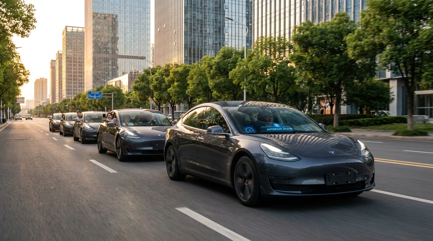 Six Tesla vehicles on a city street — five carrying passengers, one fully driverless robotaxi