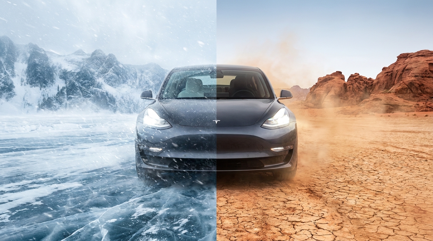 Tesla driving through extreme heat and cold weather conditions