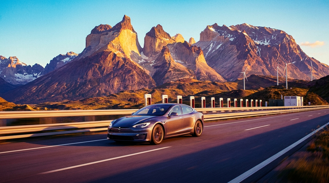 Tesla electric vehicle driving on a scenic highway with charging infrastructure