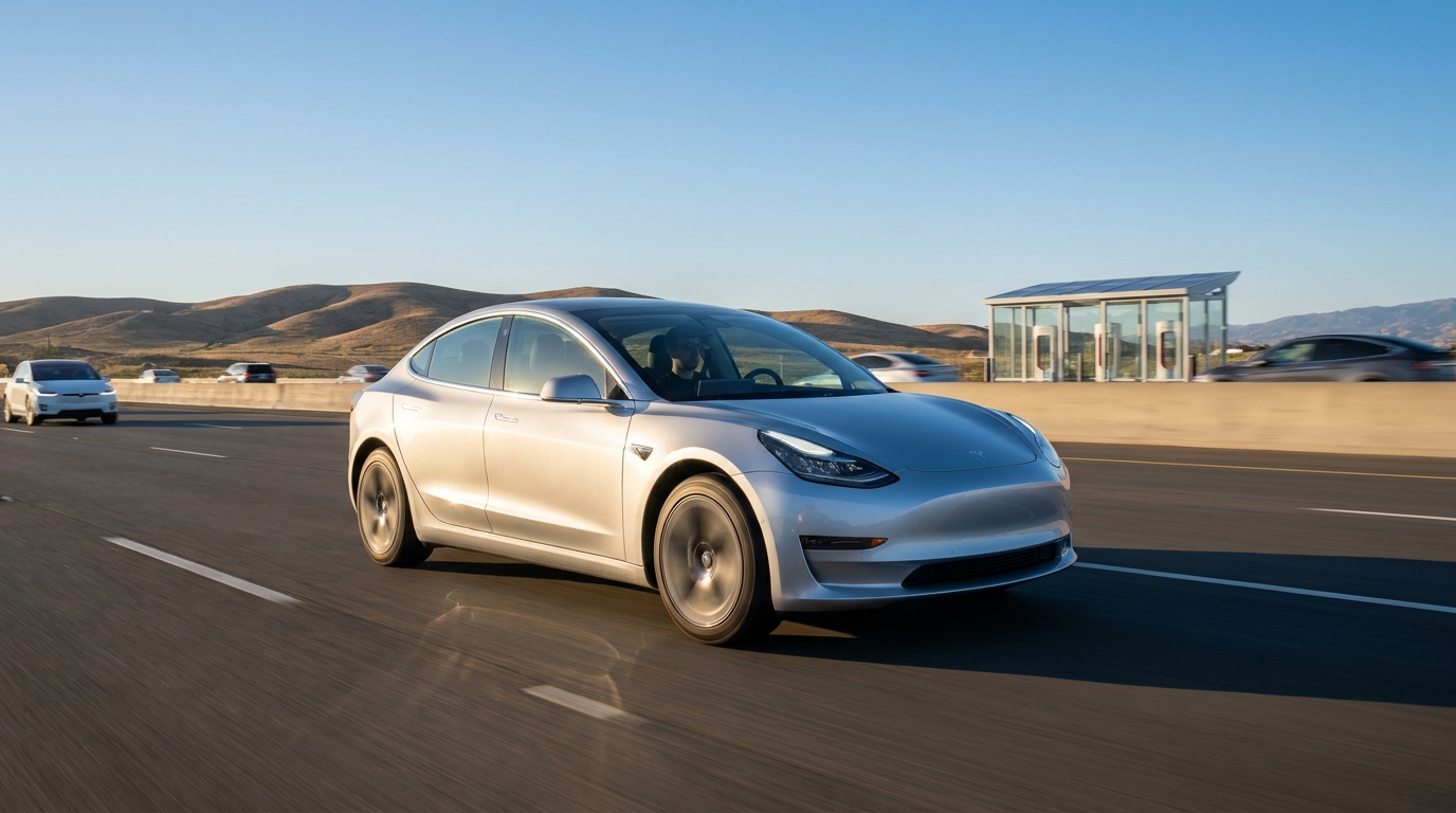 Tesla Model 3 driving on a sunny highway