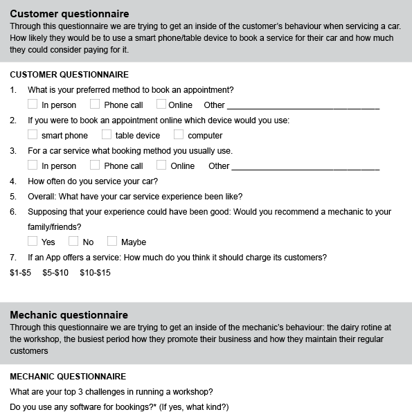 Document showing questions to be asked to customers and mechanics