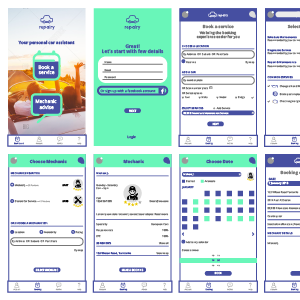 A set of mobile screen designs depicting the different steps that a customer might need to take in order to book a car service