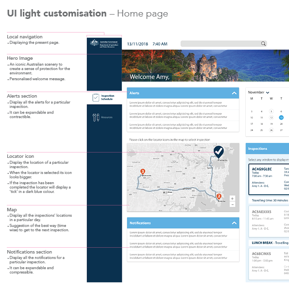 The first image depicts a Biosecurity intranet home page, describing the different elements of the page. The second image shows what the Biosecurity home page would look like for a color vision-impaired person