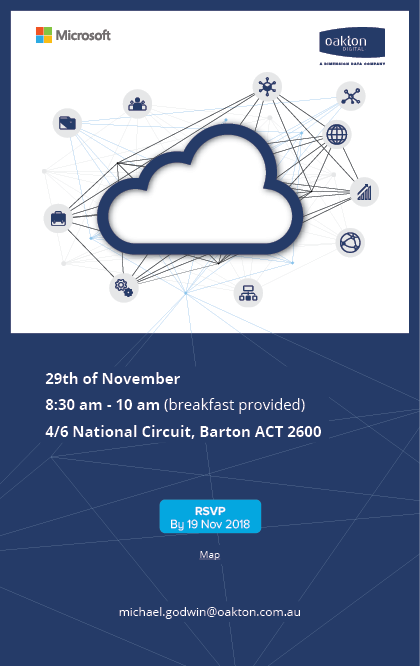 At the top: image of a cloud, surrounded by interaction icons connected by lines. Underneath: Date and links for reserving a spot and for looking at the location in a map