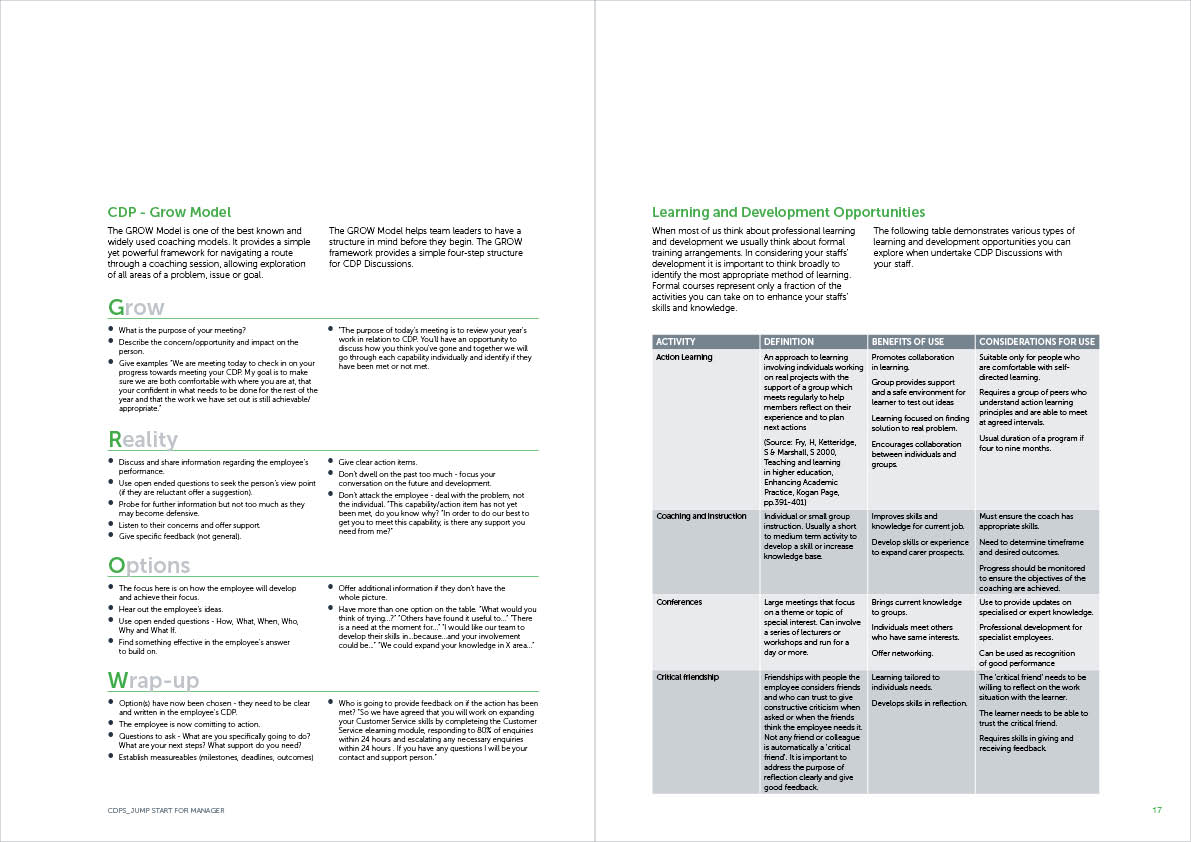 A page spread inside a booklet depicting some text, heading styles and tables.
