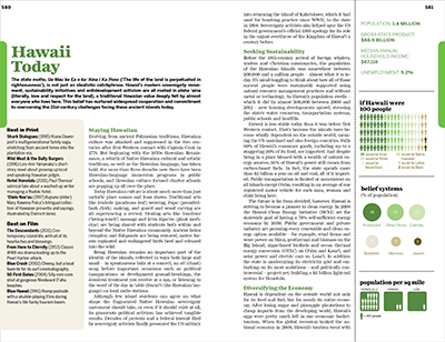 A page inside a Hawaiian travel book depicting text and some infographics about Hawaii's population.