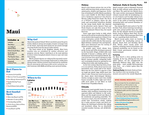 A page inside a Hawaiian travel book depicting text and some infographics about Maui.
