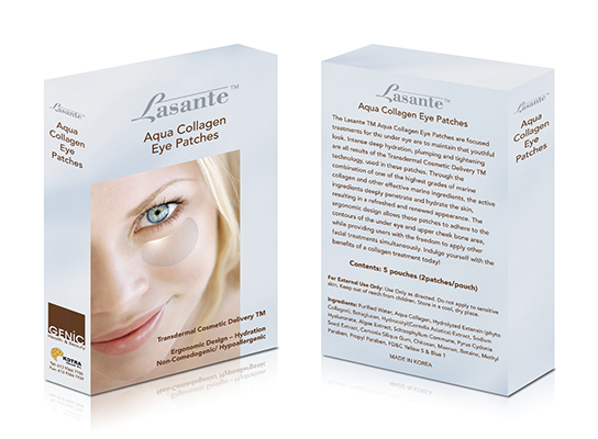 An image depicting a carton box containing a woman's face with an eye patch in the front and content regarding the product at the back of the box.