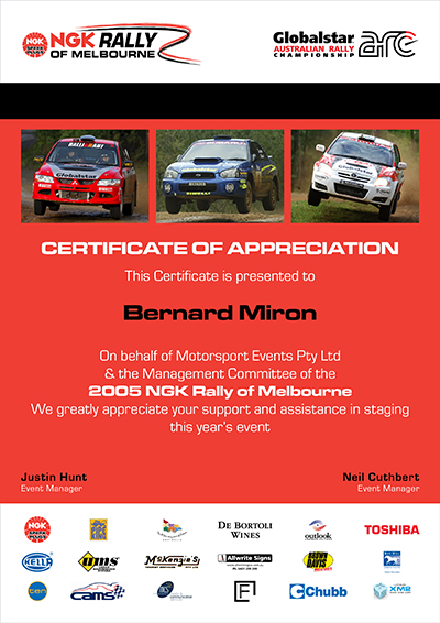A Rally of Melbourne certificate depicting within a chequered flag, images of cars. Also showing the person's name and sponsors' logos underneath.