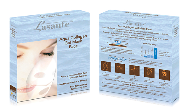 An image depicting a carton box containing a woman's face with a mask in the front and images with instructions on how to apply the mask at the back of the box.