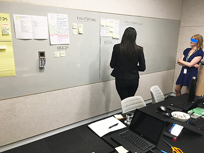 A photo of two women developing a persona's artefact on a white board.