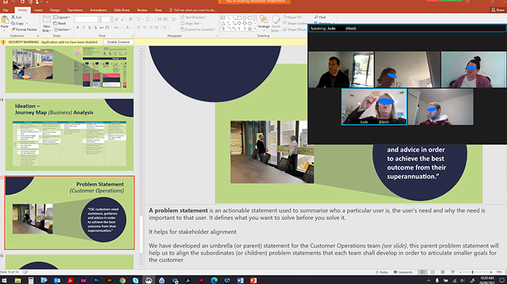 A screenshot of an online meeting showing myself and other team members discussing problem statements over a PowerPoint presentation. 