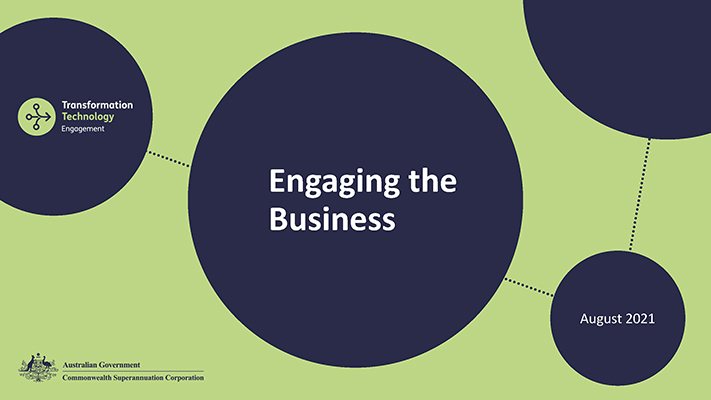 A screenshot of a PowerPoint's slide with the title: Engaging the Business.