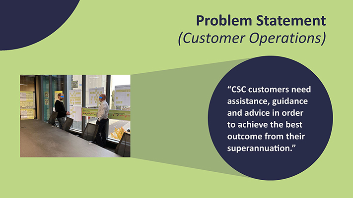 A screenshot of a PowerPoint's slide showing the manager and subject matter expert discussing and a zoom-in text explanation of the problem statement developed by the team.