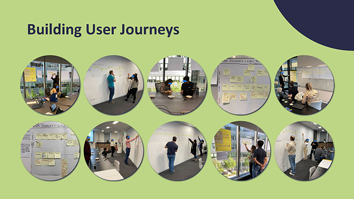 A screenshot of a PowerPoint's slide showing photos of people working at workshops as well as photos of the artefacts they helped develop.