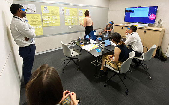 A photo of a group of people developing personas' artefacts on a white board.