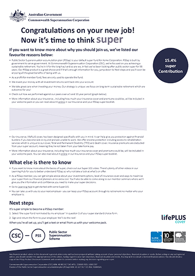 A third prototype document containing information regarding the superannuation benefits provided to the Public Sector Superannuation accumulation plan scheme. As well as a space for a graph to be added, plus new information presented in a blue circle.