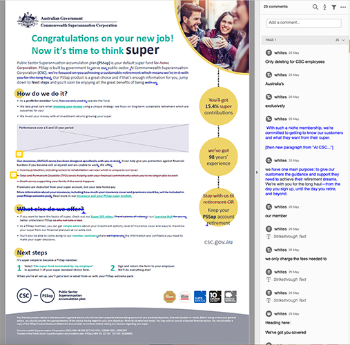 A fifth prototype document containing information regarding the superannuation benefits provided to the Public Sector Superannuation accumulation plan scheme. This document also presents amendments (feedback) as well as a space for a graph to be added, plus new information presented in yellow circles.