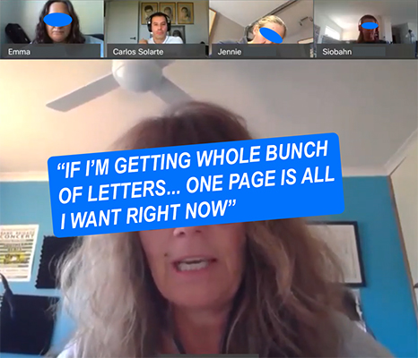 A screenshot of a woman making comments about the prototype: "If I'm getting whole bunch of letters... One page is all I want right now."