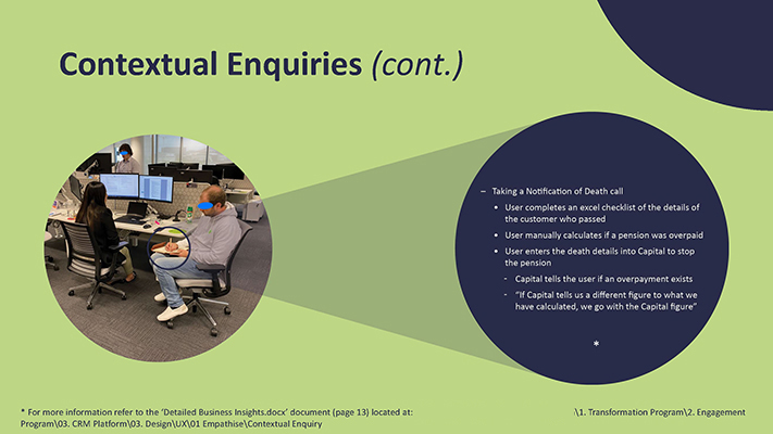 A screenshot of a PowerPoint's slide showing a photo of a woman working at her desk while a man takes notes as well as a zoom in text of those notes.