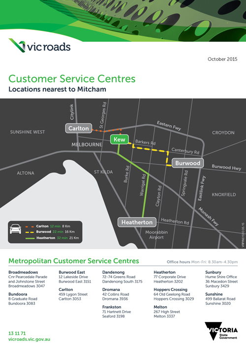 Poster showing a graphical representation of the locations of customer service centres near Mitcham with addresses underneath.