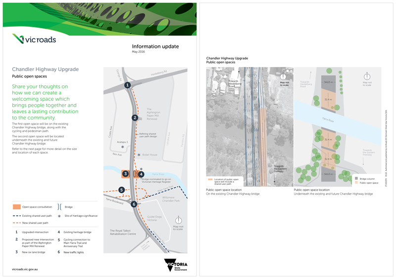 Flyer showing a graphical representation on a map of an open space project, so people can contribute with feedback.
