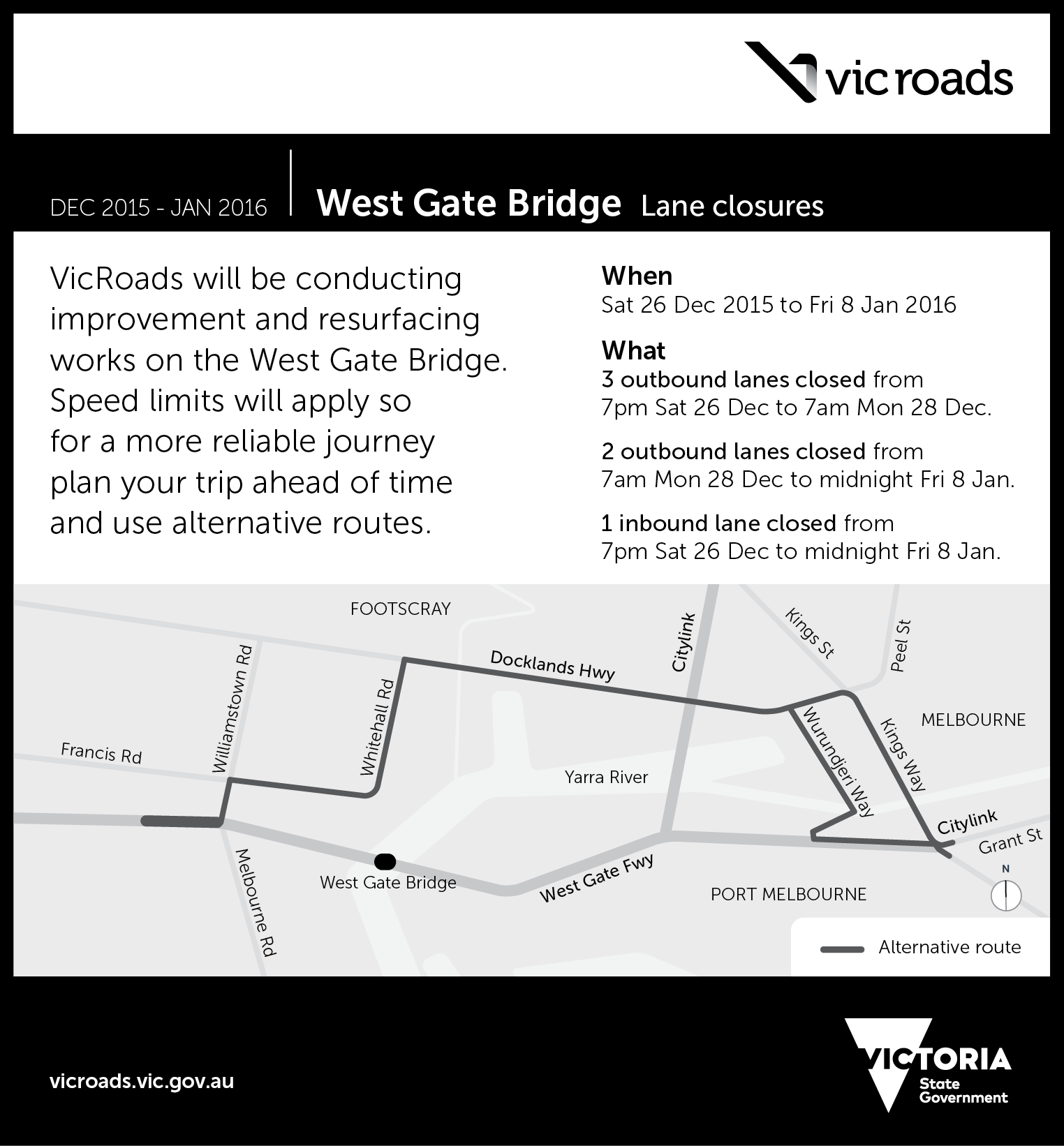 A newspaper ad showing a graphical representation on a map of lane closures for works conducted on the West Gate bridge.