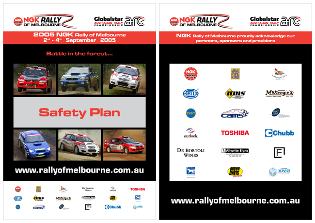 Front cover page: A safety plan depicting a chequered flag with images of cars and its title, also showing the sponsors' logos underneath. Back cover page: Information regarding the rally as well as sponsors's logos and rally's website.