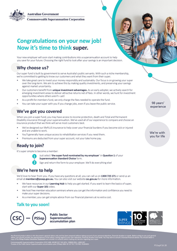 A letter of offer document containing an image of three people drinking coffee and looking at the camera, as well as information regarding the superannuation benefits provided to the Public Sector Superannuation accumulation plan scheme.