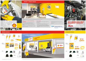 A brochure depicting images of oil change and merchandising products for Shell workshop garages.