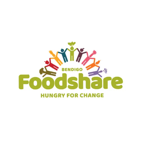 Bendigo Foodshare logo with stylized figures holding hands in a semicircle above the text, featuring the tagline 'Hungry for Change'.