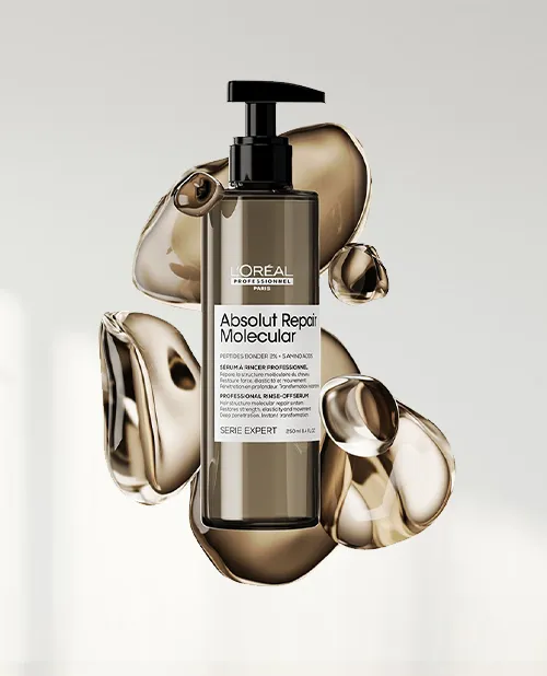 L'Oréal Professionnel Absolut Repair Molecular serum bottle with a black pump surrounded by glossy, abstract liquid shapes.