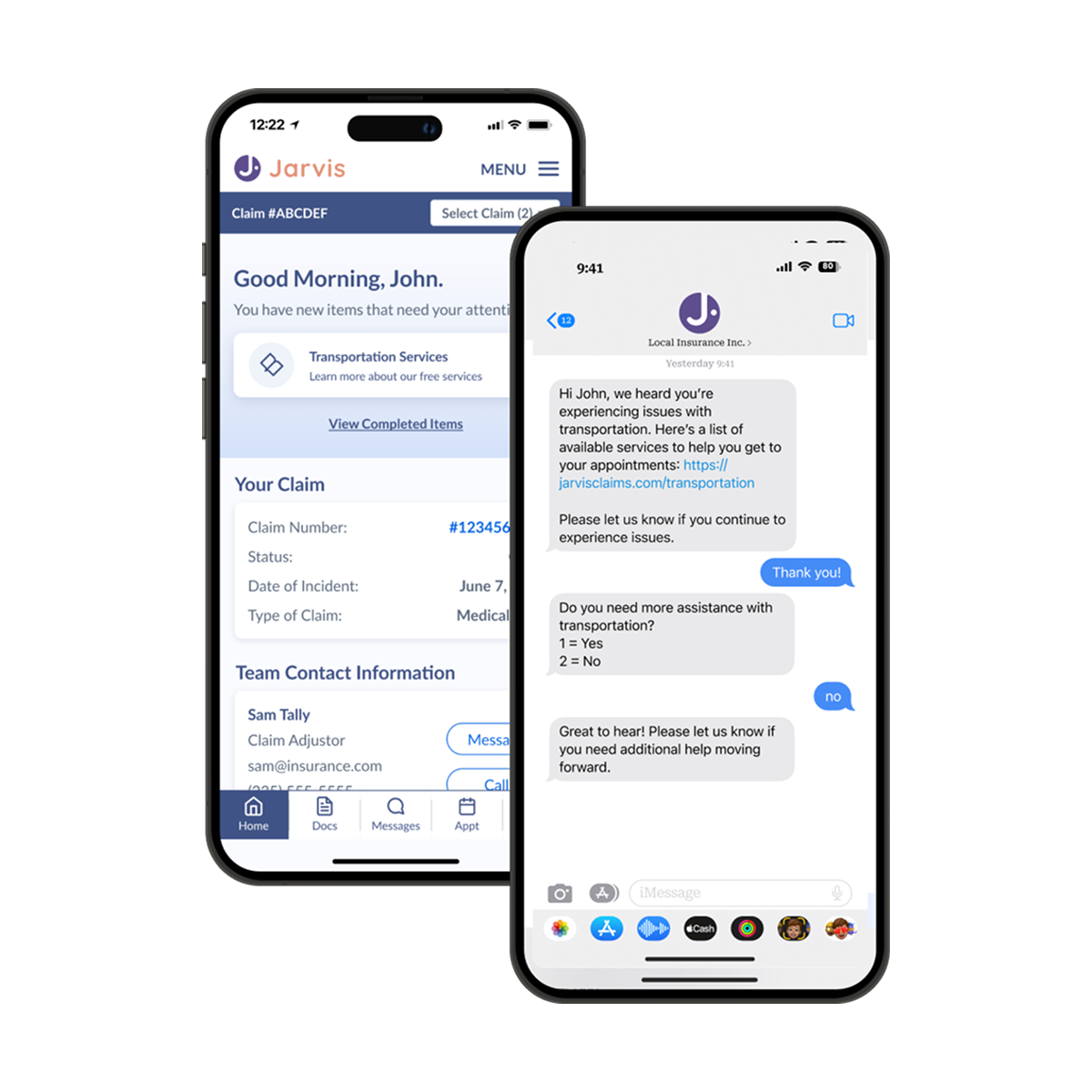 Two mobile app screens for the Crosstie claimant experience