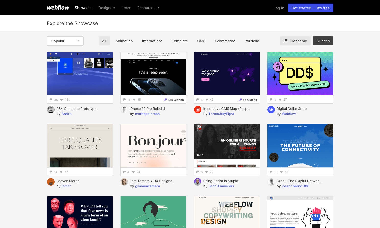 Screenshot of Webflow Showcase homepage