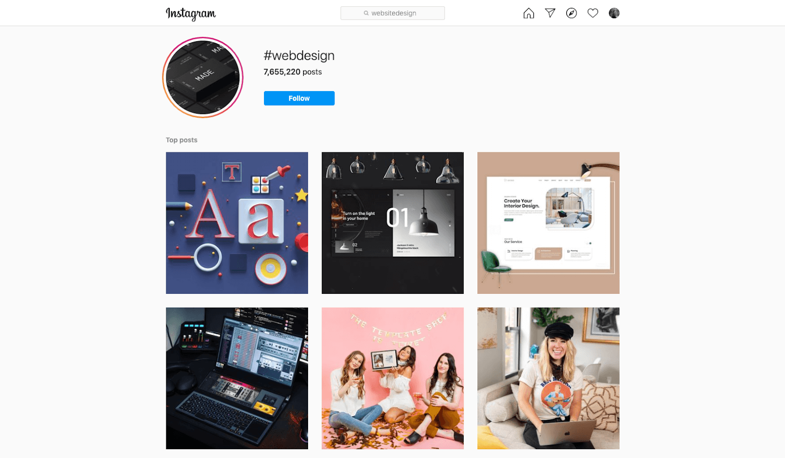 Screenshot of Instagram #webdesign hashtag page