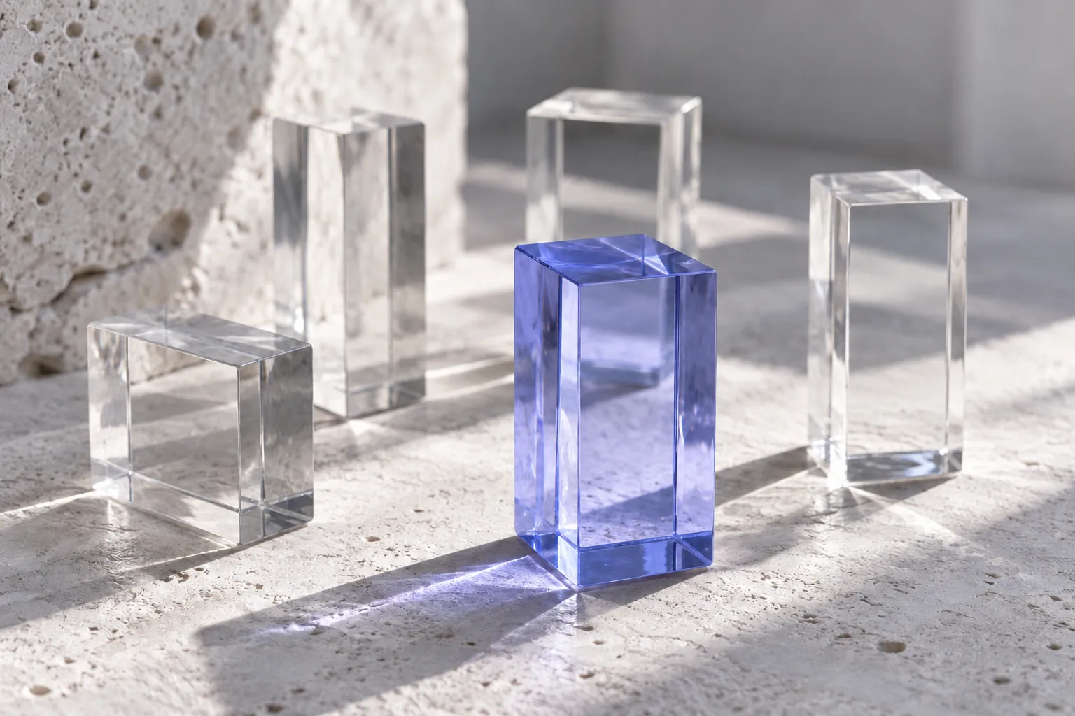 Composition de verre clair et bleu-violet évoquant la sélection et la précision.