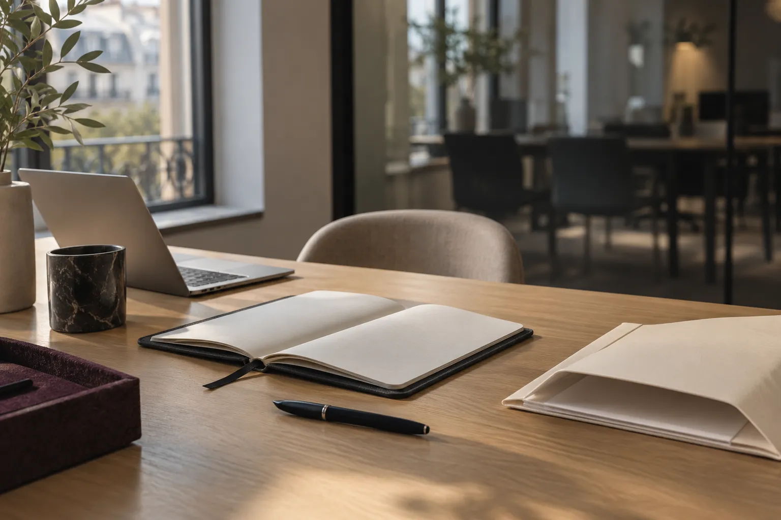 Image d’ambiance : bureau sobre avec carnet de travail et lumière naturelle.