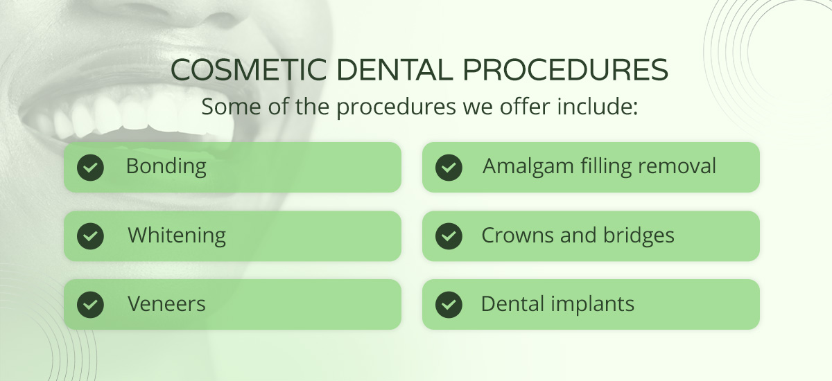 A smiling face is behind a list of the Cosmetic Dental Procedures Nirvana Dental offers
