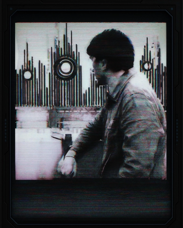 a glitchy surreal polaroid of Baptiste Tavernier