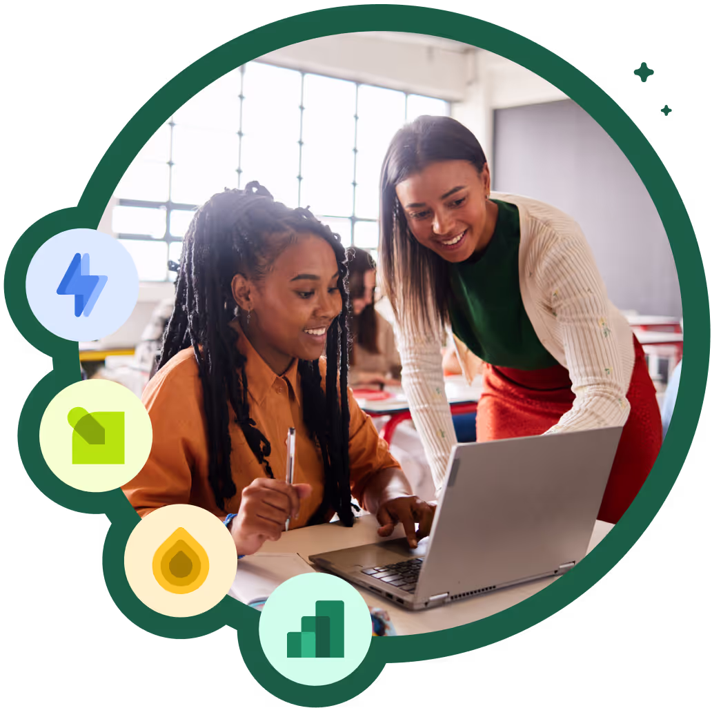 Teacher helping student. Pear Deck Learning products are also wrapping the image.
