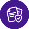 White icon of a shield with a checkmark in front of two documents on a purple circular background.