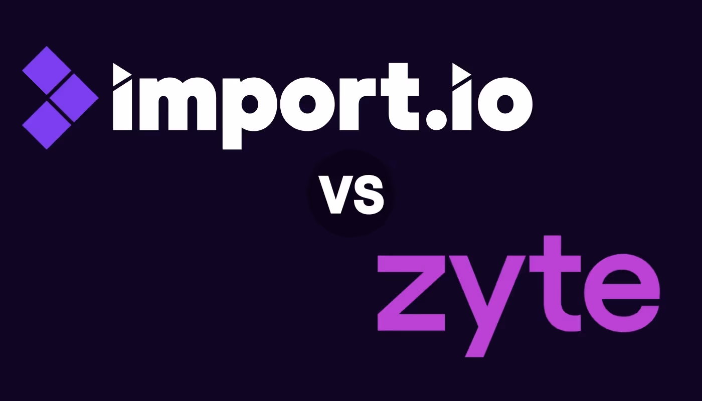 Comparison graphic showing 'import.io' logo in white and purple on the top against 'zyte' logo in purple on the bottom with 'vs' in white in between on a dark background.