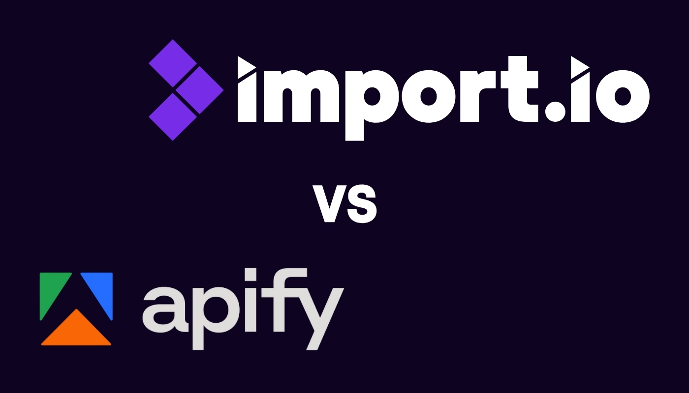 Comparison graphic showing import.io logo above versus apify logo on a dark background.