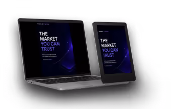 Laptop and smartphone displaying a dark-themed screen with text: 'The market you can trust.'