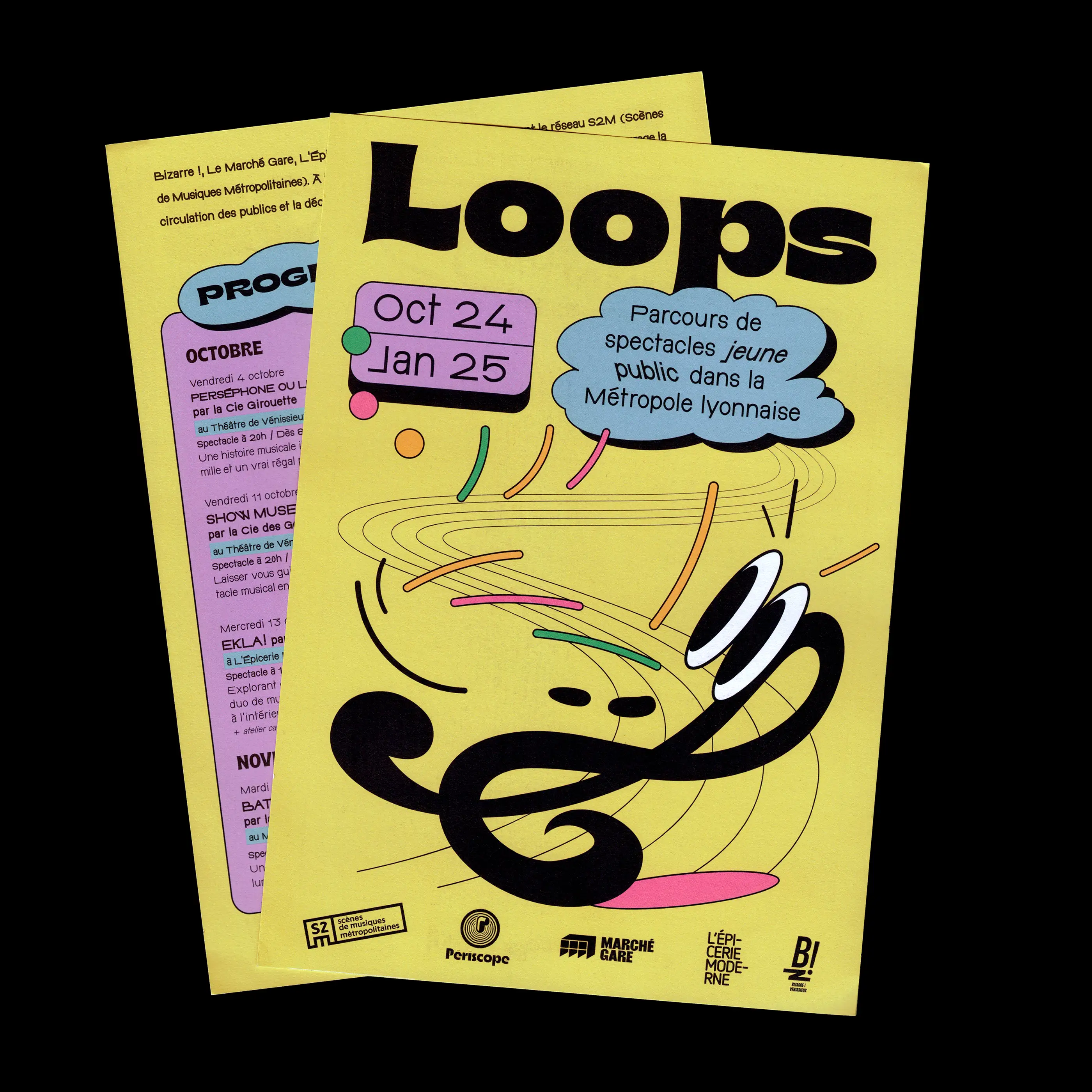 Flyer and identity for a cultural programme for young people. Initiated by the S2M network, which brings together four concert halls in the Lyon metropolitan area.