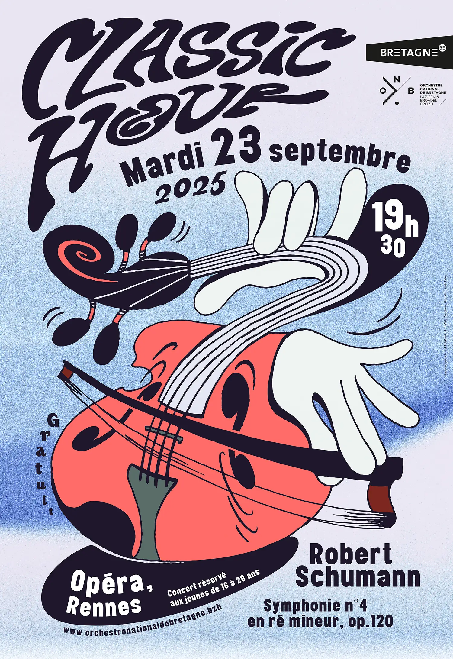 Poster for the event "Classic Hour", organized by the ONB (National Orchestra of Brittany) for young people between 16 and 28 years old, to allow them to discover a classical opera piece.
