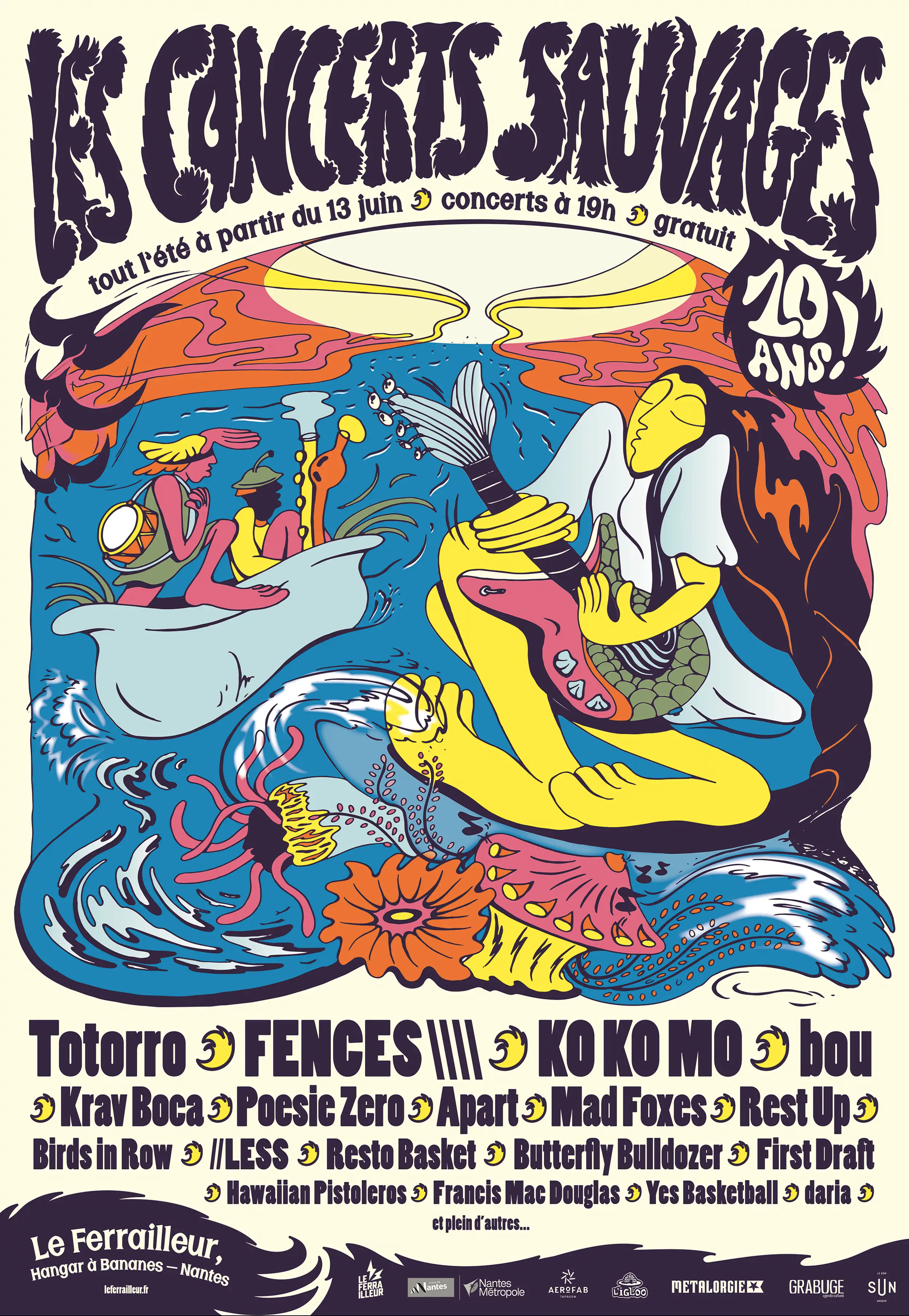 Poster and identity for the 10th anniversary of "Les Concerts Sauvages" organized by Le Ferrailleur in Nantes. A serie of free concerts near the banks of the Loire River.