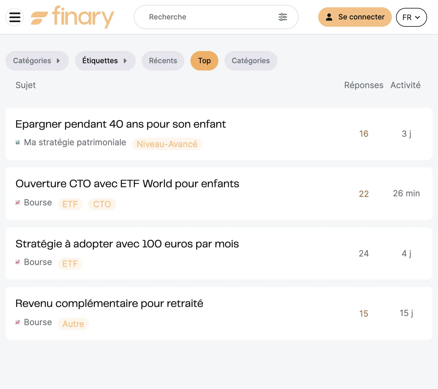 The Finary community forum, with discussions on saving for your children, a World ETF, 100 euros a month and retirement