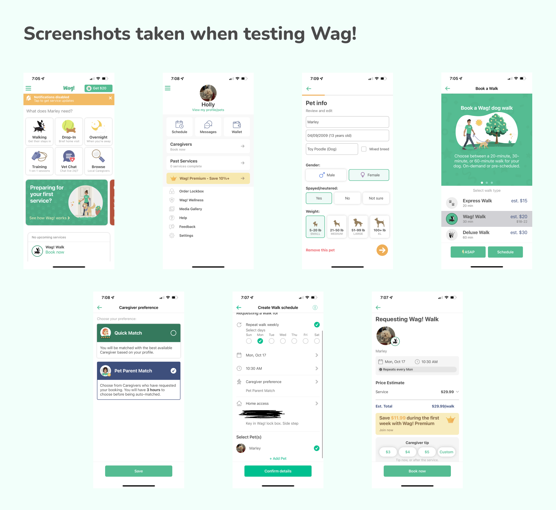 A collection of screenshots from the dog walking app Wag!